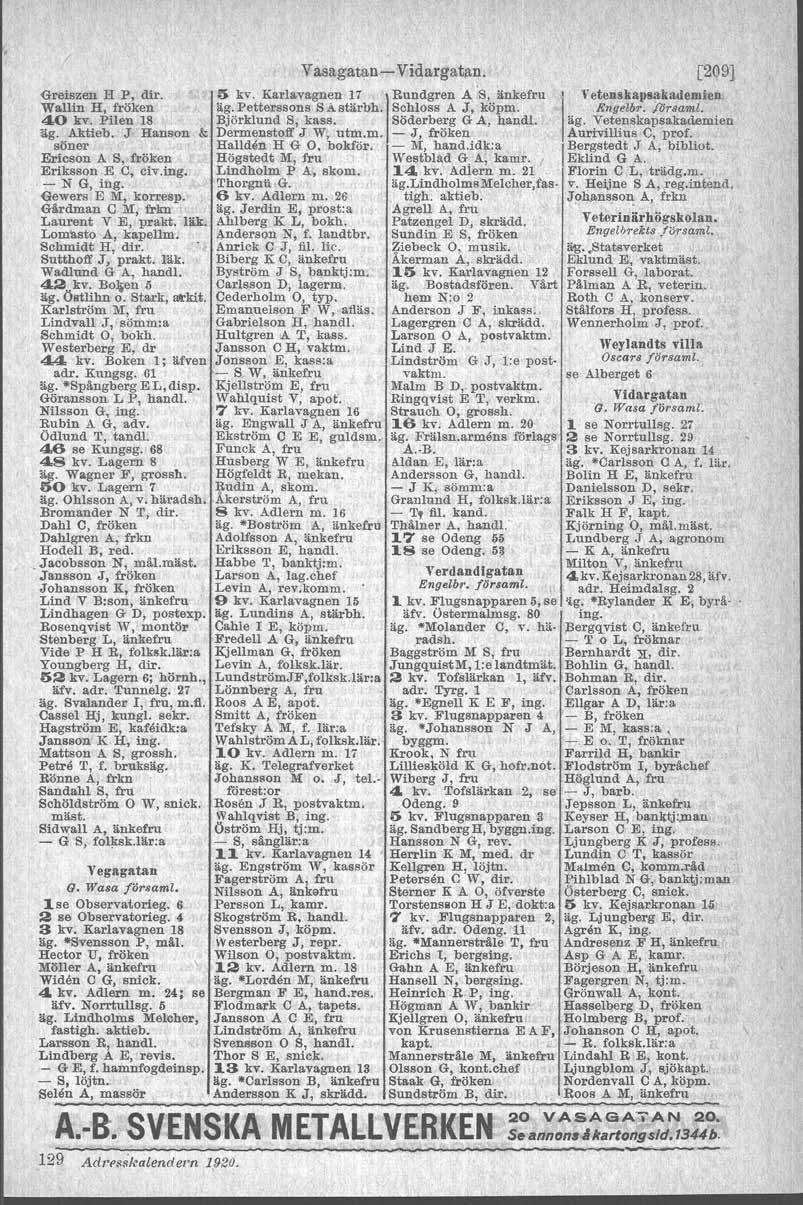 Greiszen H P, dir. Wallin H, fröken 40 kv. Pilen 18 äg. Aktieb. J Hanson & söner Ericson A S, fröken Eriksson E.C, civ.ing. ~ N G, ing, Gewers E M, korresp. Gårdman C M, frlm Laurent V E, prakt. läk.