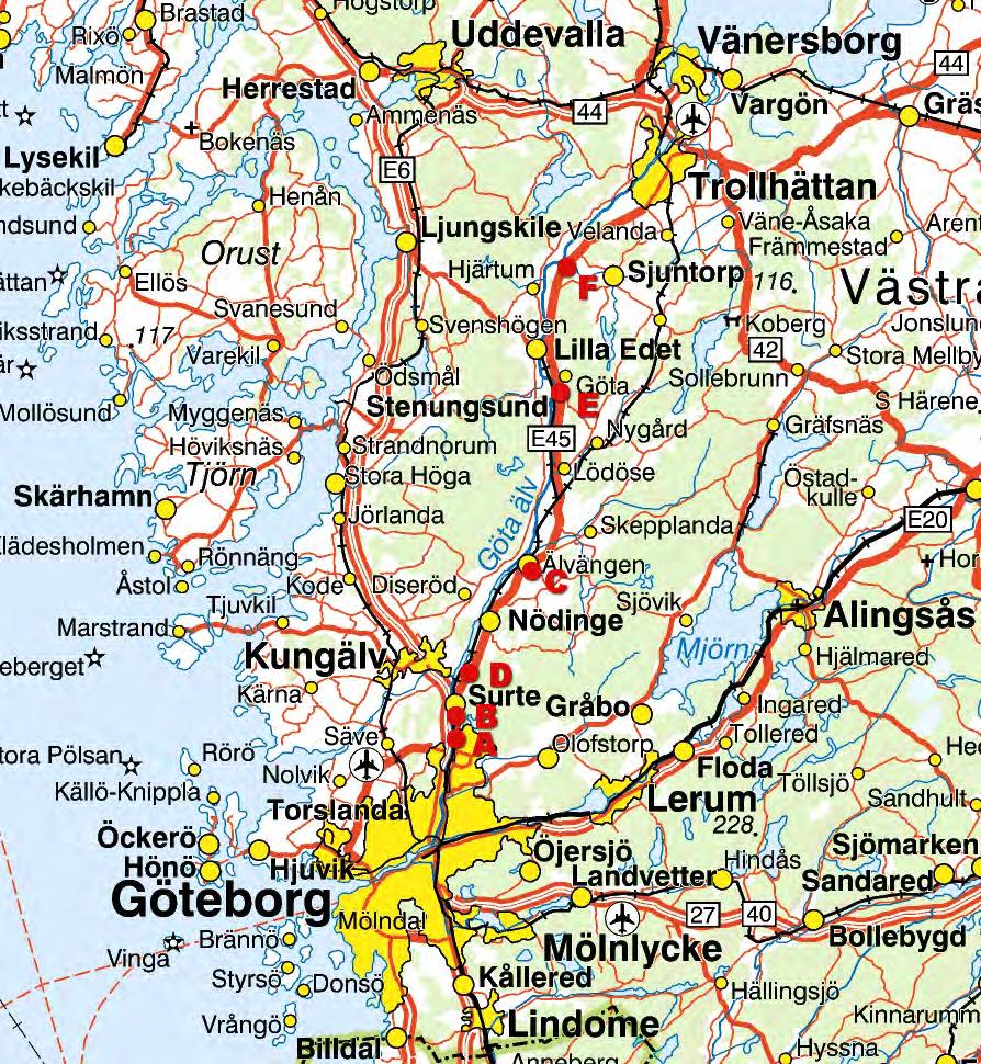 Göta älvutredningen delrapport 17 Figur 8 Scenarier som analyseras med Sampers i examensarbete Röcklinger (2011a). Scenariernas brottpunkter för vägen anges med röda prickar (A-F).