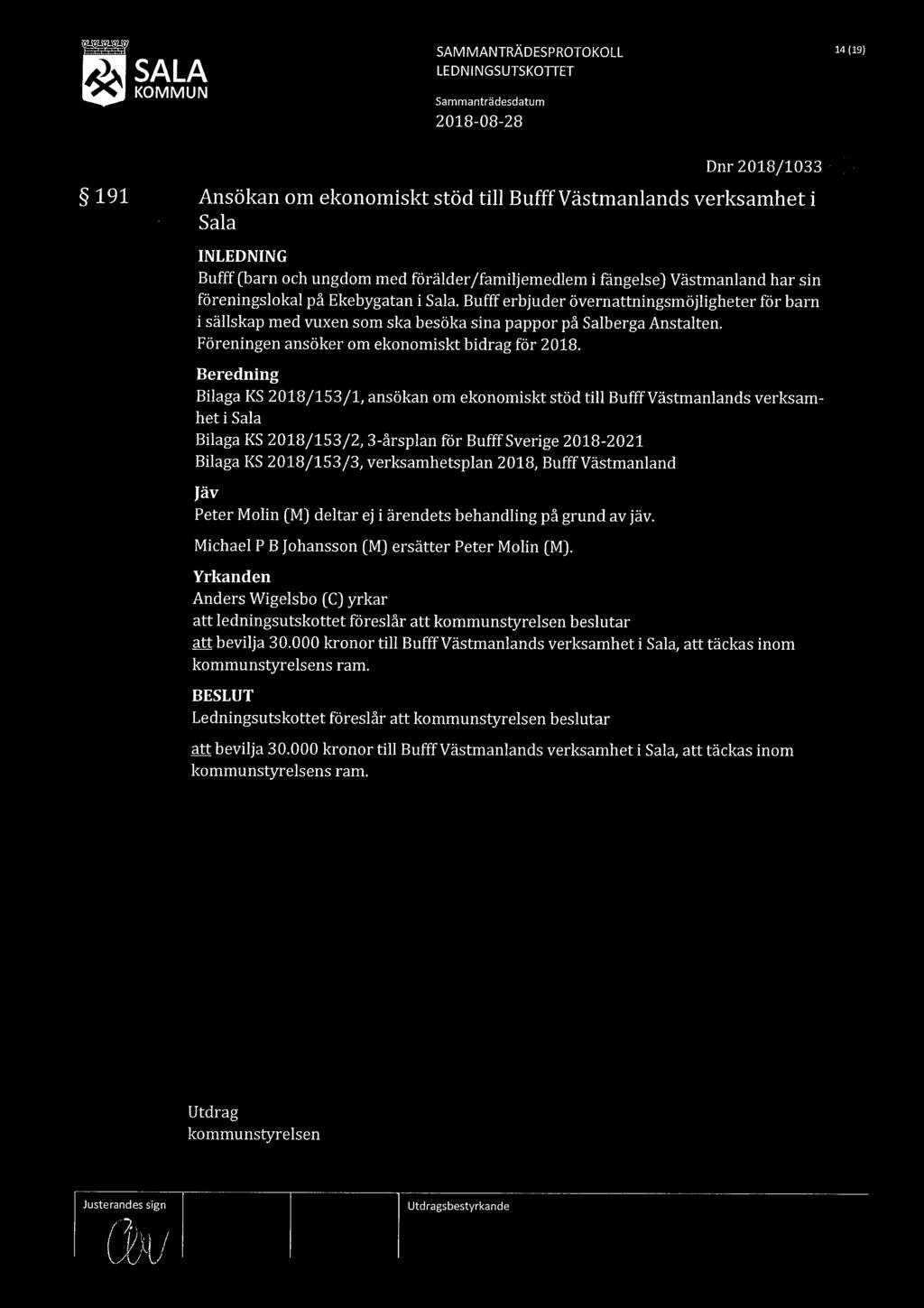 . SALA LEDNINGSUTSKOTTET SAM MANTRÄDESPROTOKOLL 14 (19) KOMMUN Sammanträdesdatum 2018-08-28 Dnr2018/1033 191 Ansökan om ekonomiskt stöd till Bufff Västmanlands verksamhet i Sala INLEDNING Bufff (barn