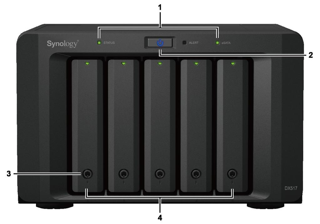 En översikt över utökningsenheten Nr. Artikelnamn Plats Beskrivning 1 LED-indikator 2 Strömknapp Framsida Visar status för interna diskar och systemet.