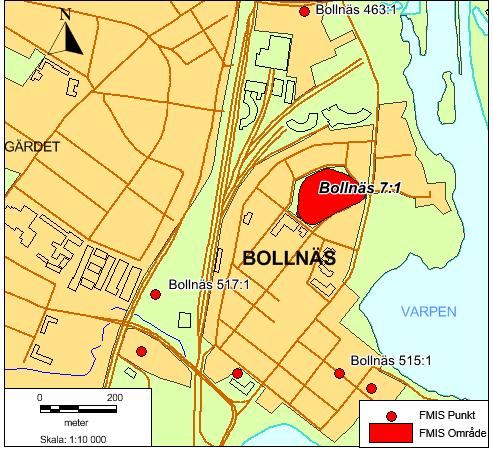 Figur 2. Översiktskarta med Bollnäs 7:1 samt närliggande lämningar från fornminnesregistret utmarkerade, varav ett urval identitetsredovisas.