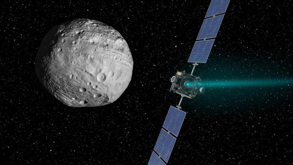 Figur 1.22, dvärgplaneten Ceres och rymdsonden Dawn ( NASA, delvis konstnärlig framställning).