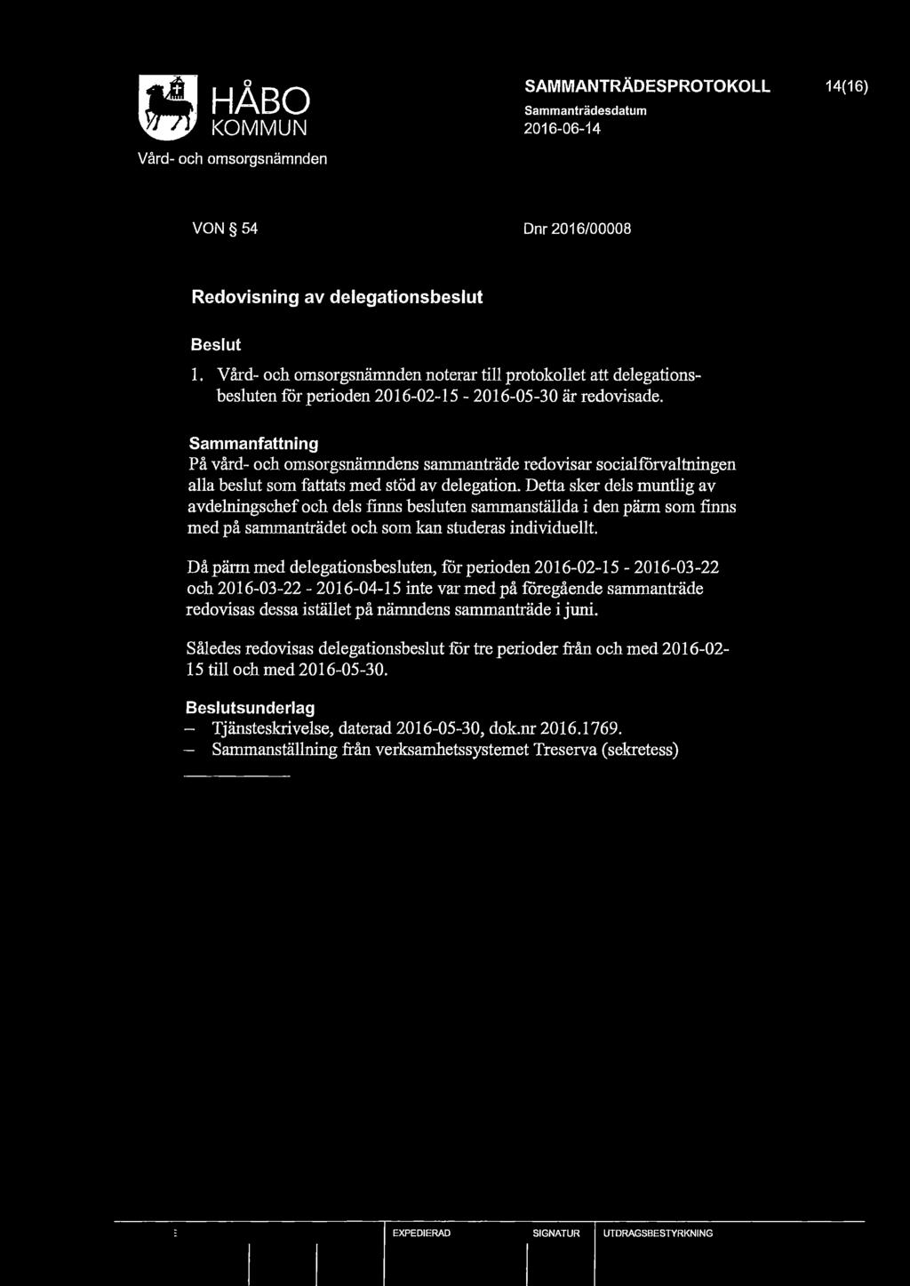 I<OMMUN 14(16) VON 54 Dnr 2016/00008 Redovisning av delegationsbeslut l.