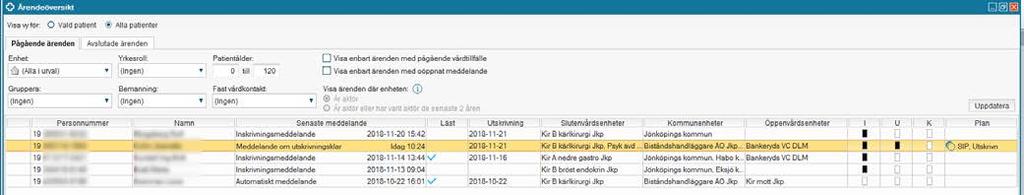 Patientlisten: I patientlisten finns en ny ikon som visar att det finns ett pågående samordningsärende.