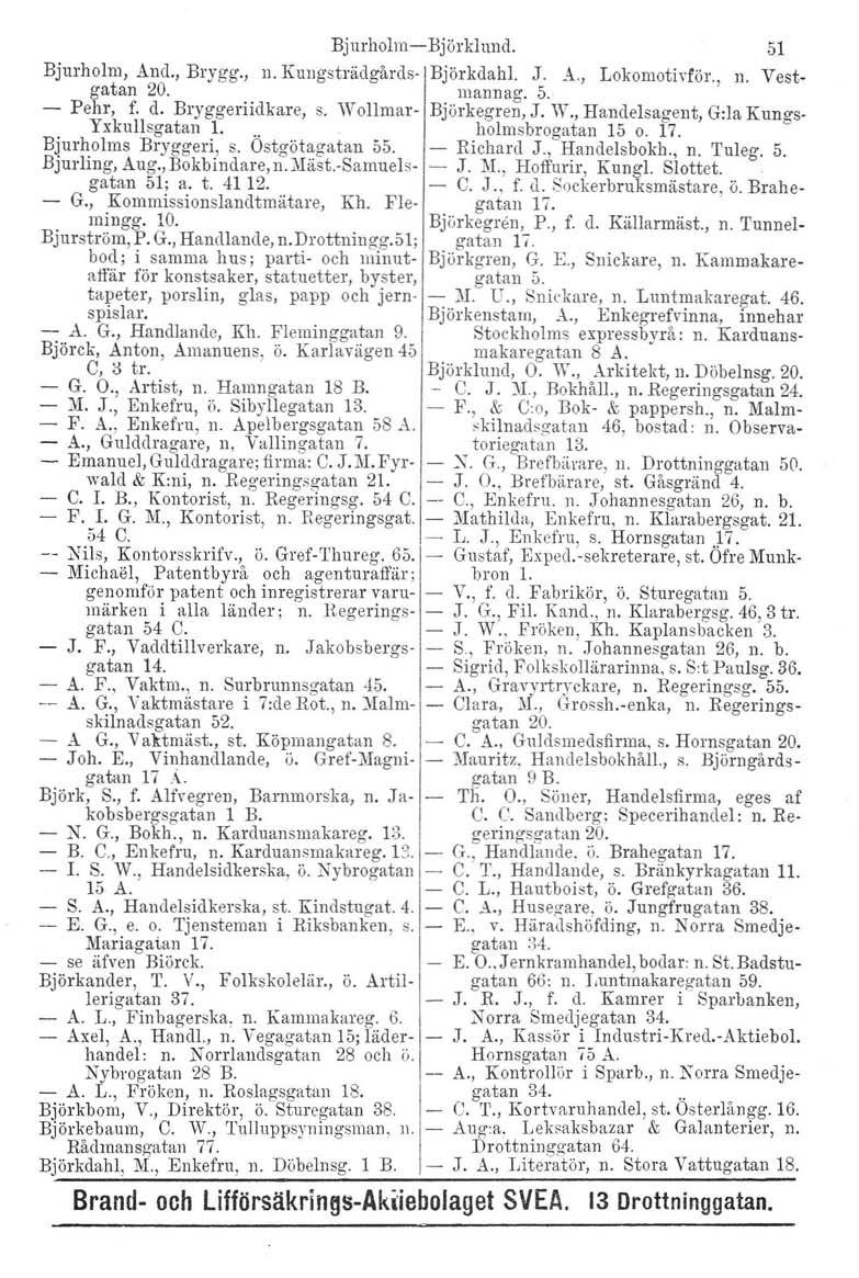 Bjurholm, And., Brygg., gatan 20. - Pehr, f. d. Bryggeriidkare, s. Wollmaryxkullsgatan 1... Bjurholms Bryggeri, s. Ostgötagatan 55. Bjurling, Aug., Bokbindare, n. :Jläst.-Samuelsgatan 51; a. t. 4112.