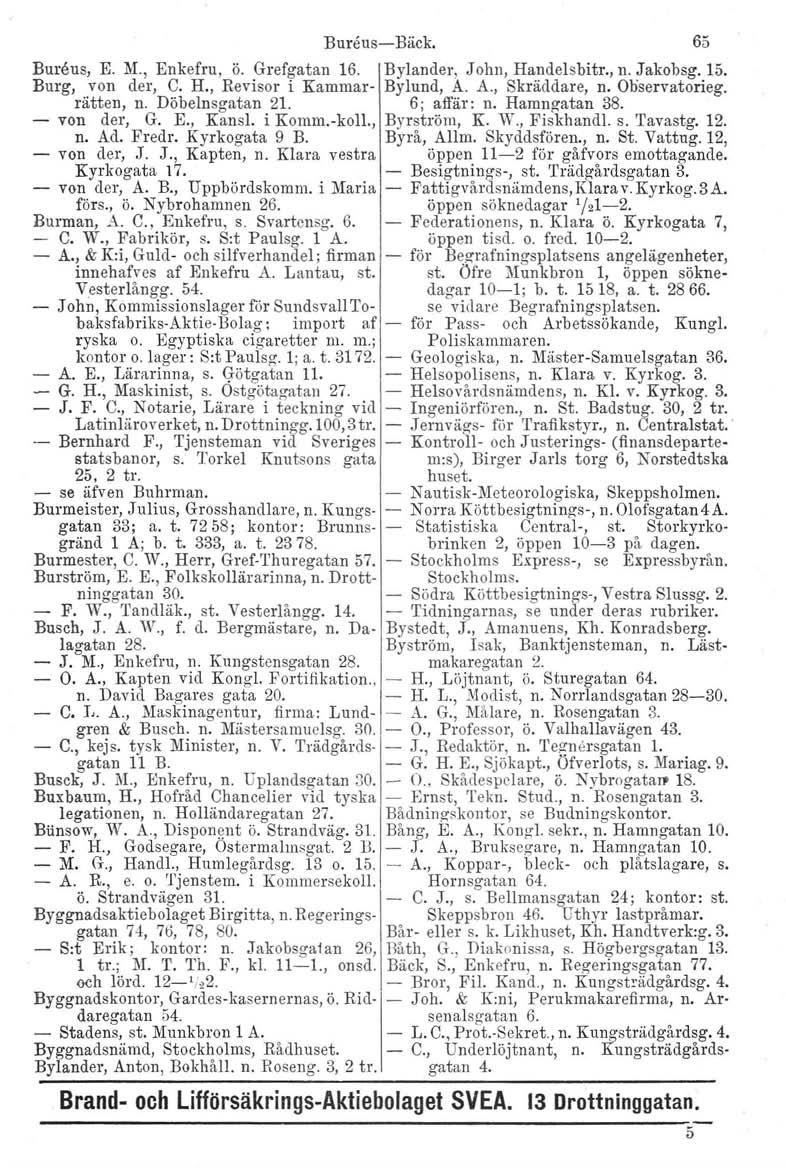 Burens-c-Bäck. 65 Burens, E. M., Enkefru, ö. Grefgatan 16. Bylander, John, Handelsbitr., n. Jakobsg. 15. Burg, von der, C. H., Revisor i Kammar- Bylund, A. A., Skräddare, n. Oliservatorieg. rätten, n.