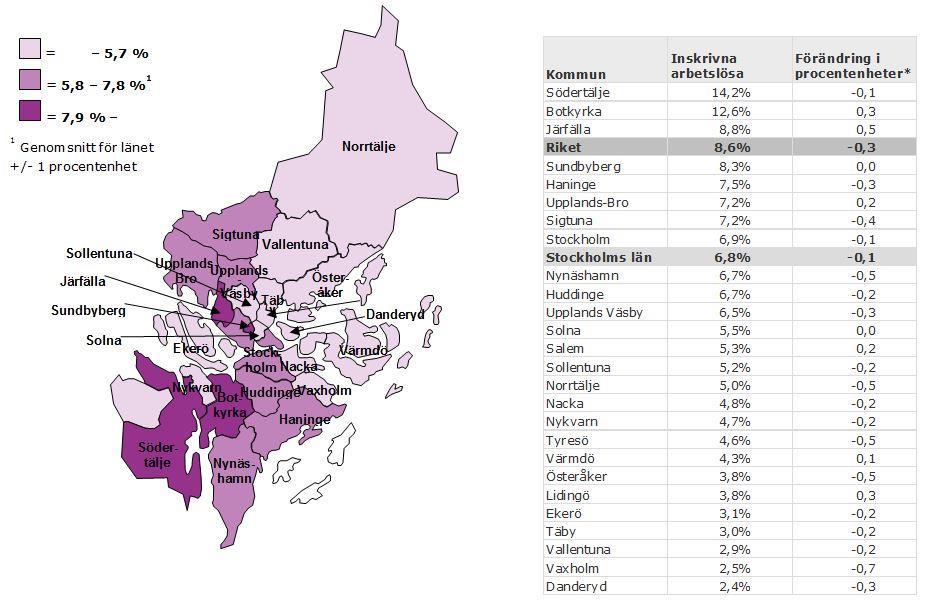 Inskrivna arbetslösa i januari 2014 som andel (%) av den registerbaserade arbetskraften 16 64 år Notera att den arbetslöshetsstatistik som Arbetsförmedlingen redovisar inte är den officiella