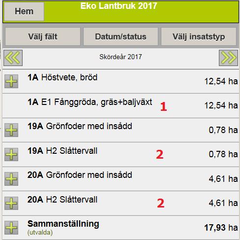 KILDA FÄLT Visas flera grödor om det finns på enskilda fält. Detta kan vara 1. fånggröda på fältet 2. Eller gröda 2 på fältet t.ex. en skörd av slåttervall som är insådd i grönfoder samma år.