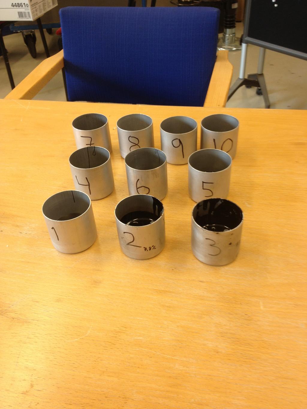 Burk Nummer 1 2 3 4 5 6 7 8 9 10 Burk Vikt (g) 26,6 27,6 27,2 27,3 26,6 27,0 27,9 27,4 27,3 27,3 Bitumen Vikt (g) 51,6 46,2 48,3 46,8 46,8 48,5 48,2 48,2 49,5 47,7 Summa Vikt (g) 78,2 73,8 75,5 74,1