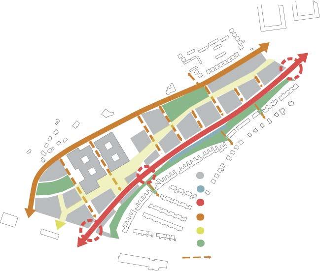 Gatustruktur Tre gator finns i nord-sydlig riktning genom stadsdelen. Bifrostgatan i öster, Stubbåkersgatan i väster och det föreslagna nya inre stråket.