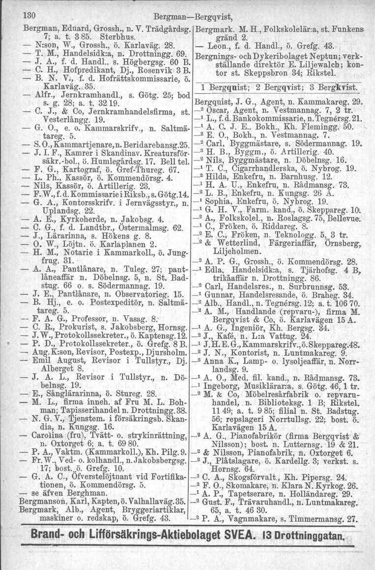 130 BergmanBergqvist, Bergman, Eduard, Grossh., n. V. Trädgårdsg. Bergmark. M. H., Folkskolelär.a, st. Funkens 7; a. t. 385. Sterbhus. gränd 2. N:son, W., Grossh., ö. Karlaväg. 28. Leon., f. d. Handl.