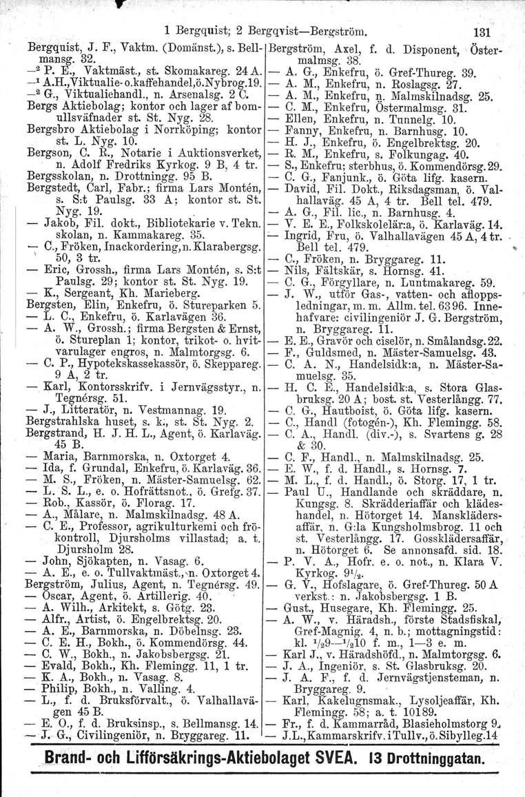 1 Bergquist; 2 BergqvistBergström. 131 Bergquist, J. F., Vaktm. (Domänst.), s. Bell Bergström, Axel, f. mansg. 32. malmsg. 38. d. Disponent, ; Öster _2 P. E., Vaktmäst., st. Skomakareg. 24 A. A. G.