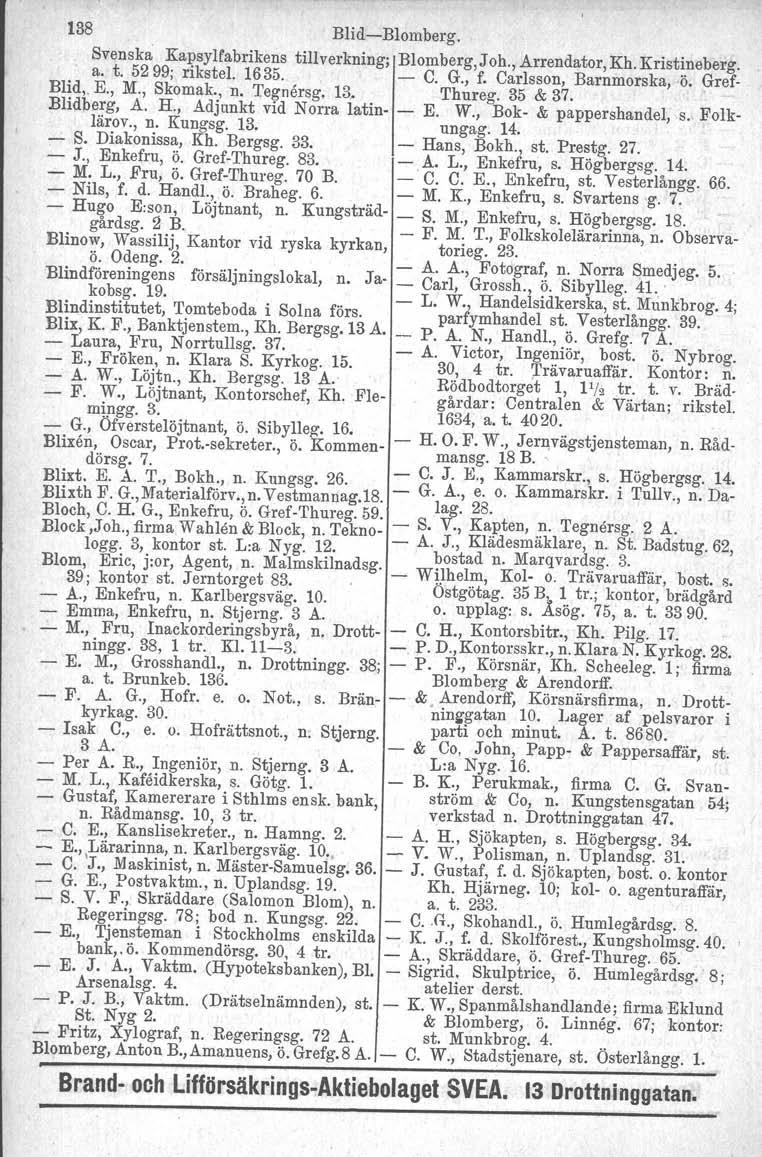 138 BlidBlomberg. Svenska Kapsylfabrikens tillverkning; Blomberg, J oh., Arrendator, Kh. Kristineberg. a. t. 5299; rikstel. 1635. C. G., f. Carlsson, Barnmorska, ö. Gref Blid, E., M., Skomak., n.