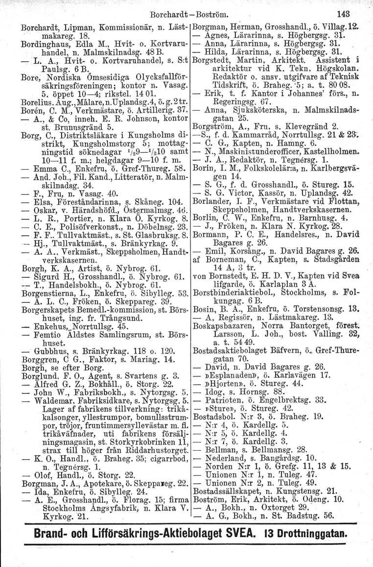 BorchardtBoström. 143 Borchardt, Lipman, Kommissionär, n. Läst Borgman, Herman, Grosshandl., ö. Villag.1Z. makareg. 18. Agnes, Lärarinna, s. Högbergsg. 3l. Bordinghaus, Edla M., Hvit o.