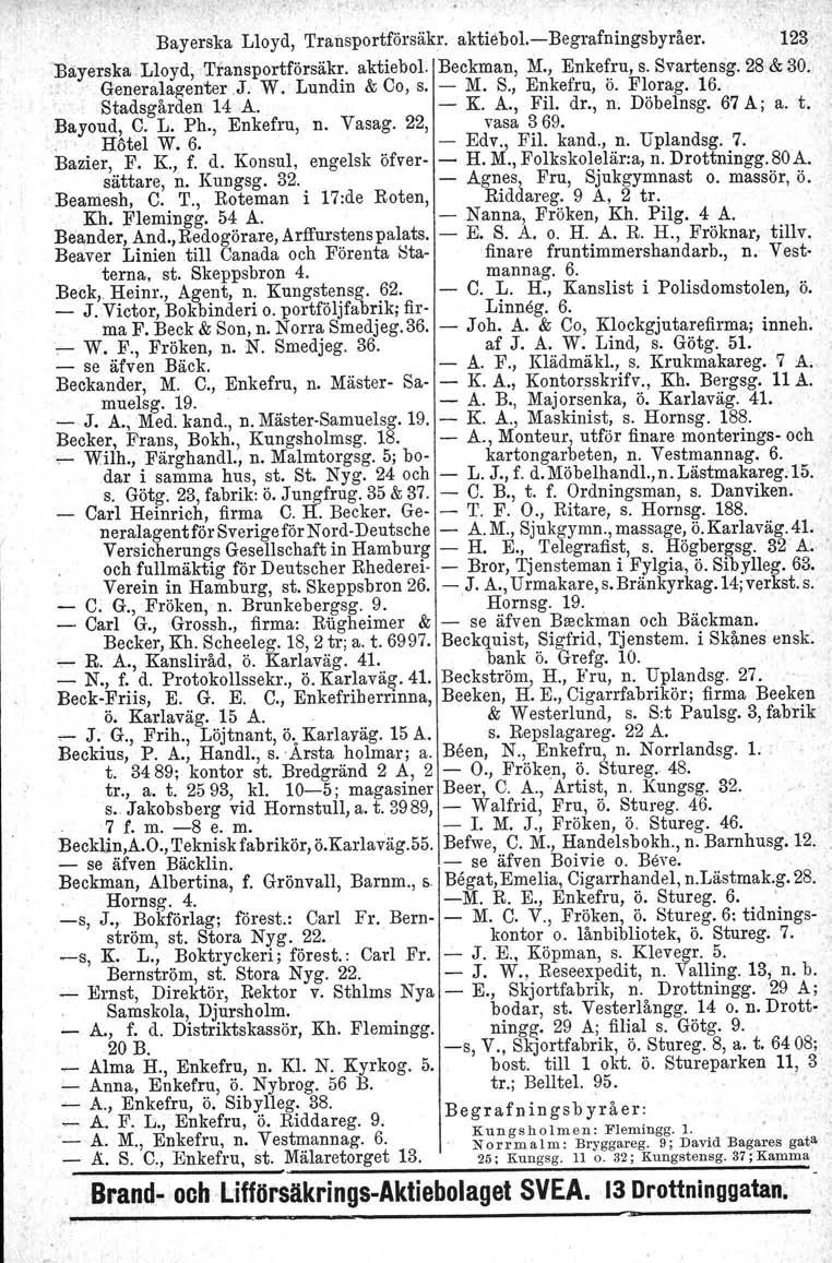 l. ~ Bayerska Lloyd, Transportförsäkr. aktiebol.cbegrafningsbyråer. 123 Bayerska Lloyd, Tfansportförsäkr. aktie bol. Beckman, M., Errkefru, s. Svarteneg. 28 & 30.. Generalagenter.J. W. Lundin & Oo, s.
