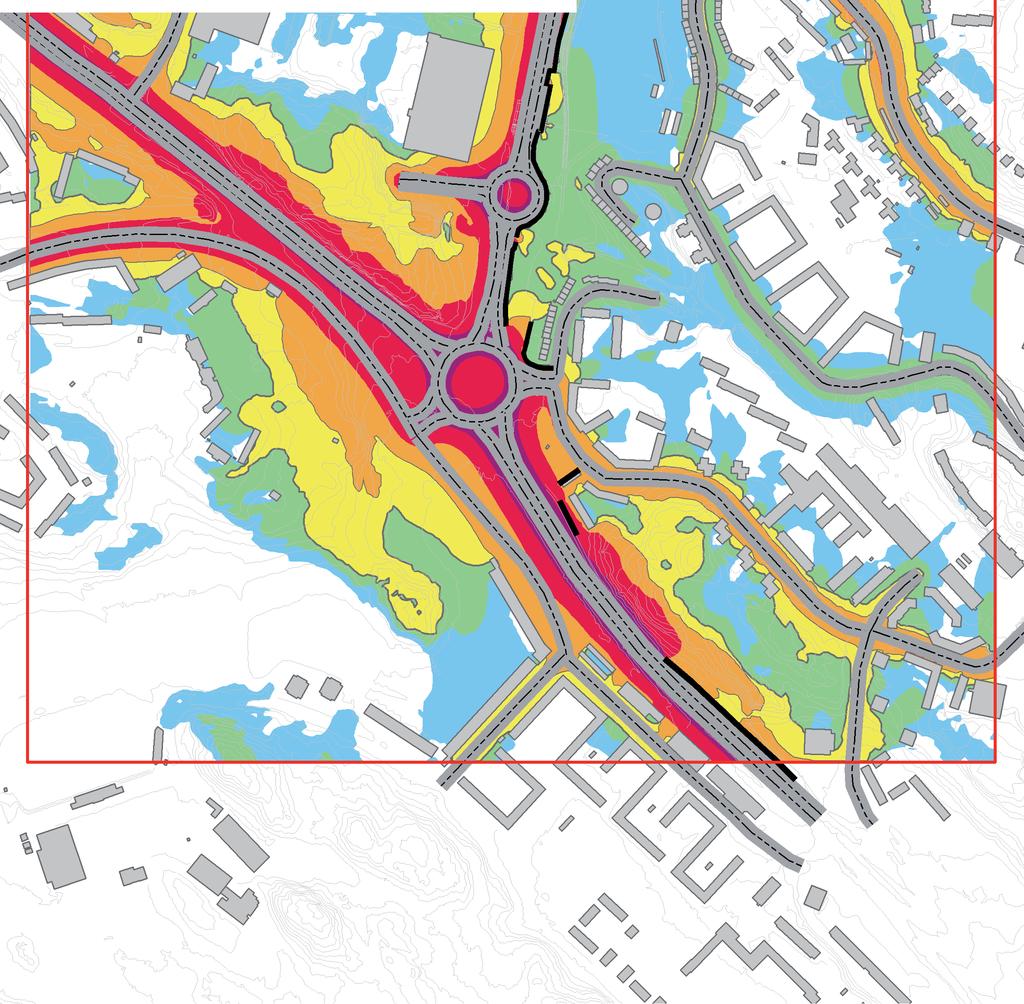 ± 2,5m 2,5m 4m 2m 4m 4m 4m Teckenförklaring skärm/vall Väg Beräkningsområde Byggnad Ekvivalent Ljudnivå 2 m ö mark 45-50 dba 50-55 dba 55-60 dba