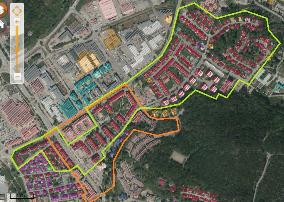 8(9) Figur 7: Orange markering visar planprogramsområdet, grön markering visar stråket med bebyggelse uppförd 1945-65 (rödmarkerade byggnader).
