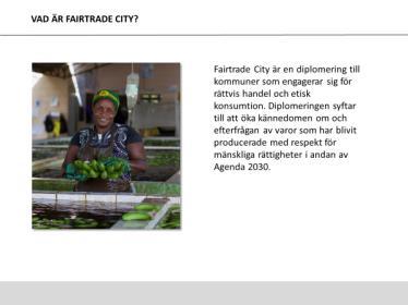 Vad är Fairtrade City? Fairtrade City är en diplomering till kommuner som engagerar sig för rättvis handel och etisk konsumtion.