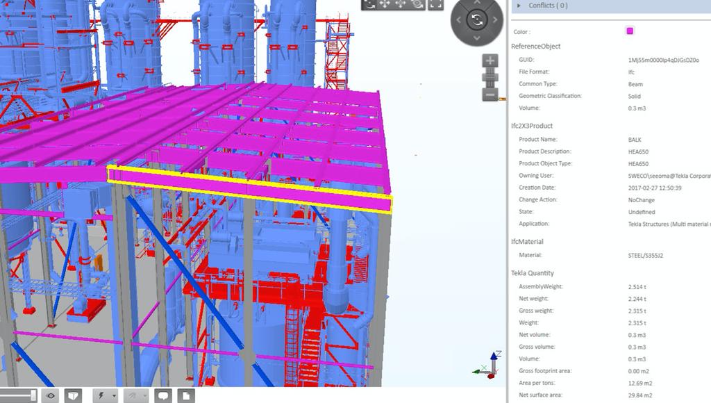 Figur 7. En balk markerad i Tekla BIMsight med tillhörande geometrisk information.(sweco, 2017) Figur 8. Revitmodellen av Helios. (Sweco, 2017) Figur 8 visar hur Helios modell ser ut i Revit.