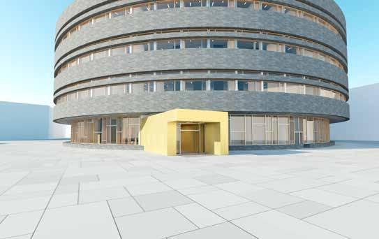 Innanför en ring av kontorsrum är hela byggnadens inre tillgängligt för besökaren. Alla husets utåtriktade funktioner i kristalldelen som mötesrummen och konstmuseet, är omsvepta av kontorsdelen.