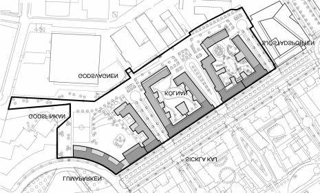 två kvarter redovisades blandad användning. Längs områdets södra sida redovisades ett östvästligt parkstråk. Situationsplan Kölnan, Stockholms stadsbyggnadskontor och Tengbom arkitekter 2002.