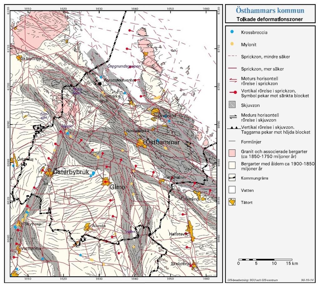 Figur 3. Förekomst av plastiska planstrukturer (bandning, förskiffring, gnejsighet) och spröda zoner i nordöstra Uppland (SKB, 20