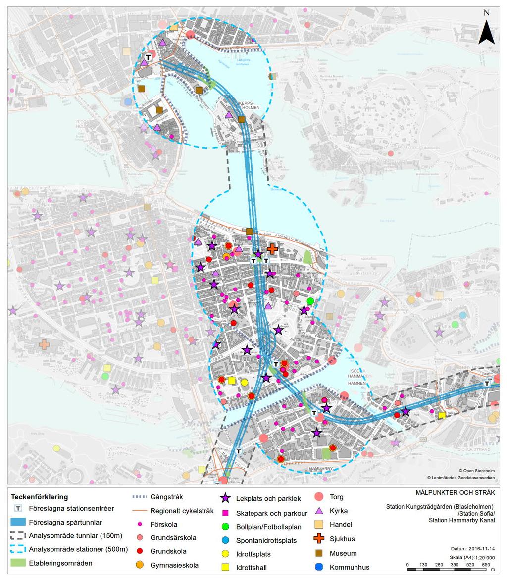 Figur 10. Analysområde på 500 meters radie kring station Sofia och stationsentréer i Hammarby Kanal samt målpunkter inom zonen.