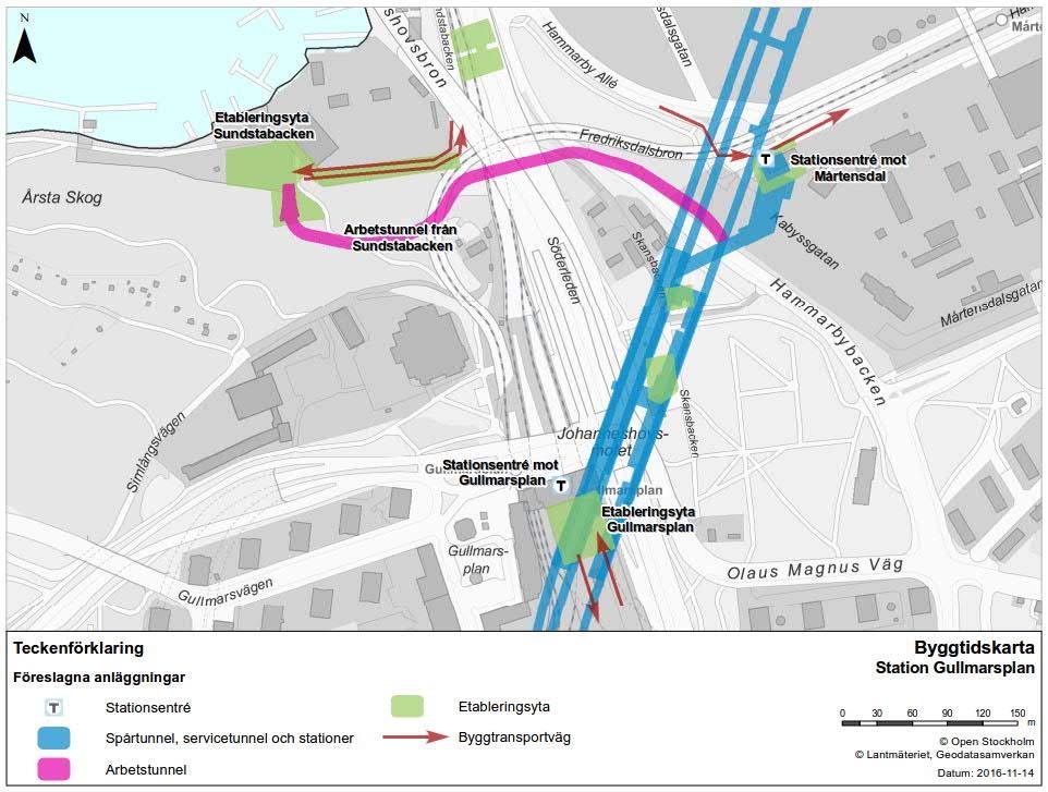5.7 Station Gullmarsplan En ny stationsuppgång med entré mot Mårtensdal och en tillfällig etableringsyta kommer att samordnas med övriga byggprojekt i området.