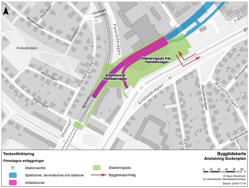 5.9 Anslutning Sockenplan Spårtunneln som slutar vid Enskede gårds gymnasium kommer att användas som arbetstunnel för byggande av ny station i Slakthusområdet.