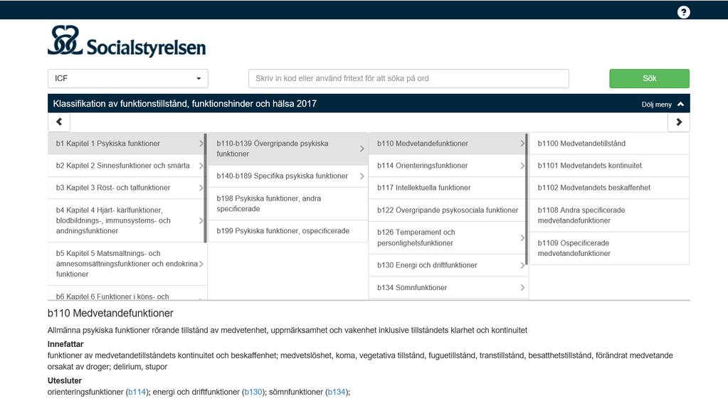 Möjlighet finns att söka i klassifikationer - ICF 2:a