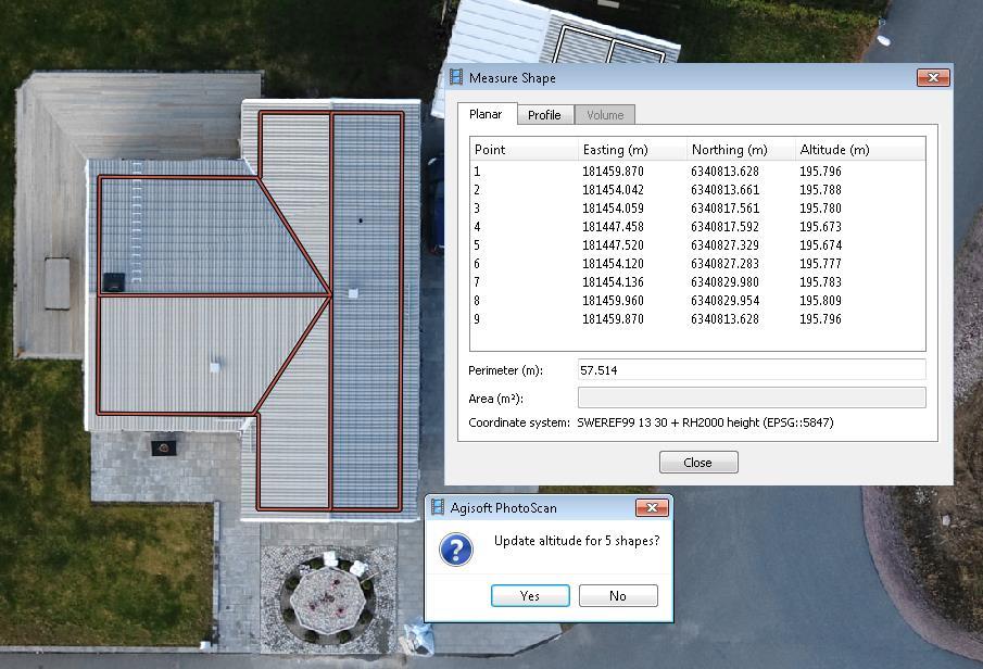 Höjdsättning av linjer och polygoner Fasaden kan höjdsätts till taknivå med ett par centimeters noggrannhet.