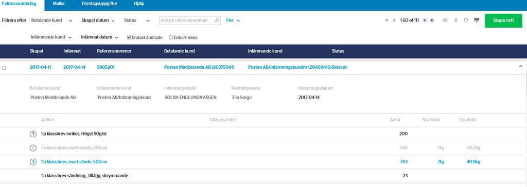 Korrigerade fakturaunderlag Av PostNord korrigerade fakturaunderlag kan du