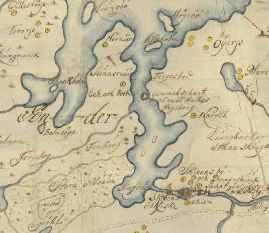 Figur 45. Utsnitt ur Sunnerbo häradskarta från år 1685 som visar Skeens ålfiske i söder, samt Kafiolen eller Kafjorden, hela vägen upp till vidgningen mot sjön Bolmen.
