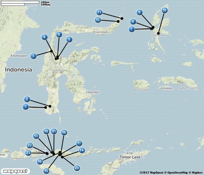 Sulawesi, Halmahera & Flores 1. Makassar 2. Karaenta Forest 3. Palu 4. Lore Lindu NP 5. Wuasa Valley 6. Lore Lindu NP 7. Båttur Ternate - Sidangoli 8. Sidangoli area 9. Sofifi 10. Weda 11.