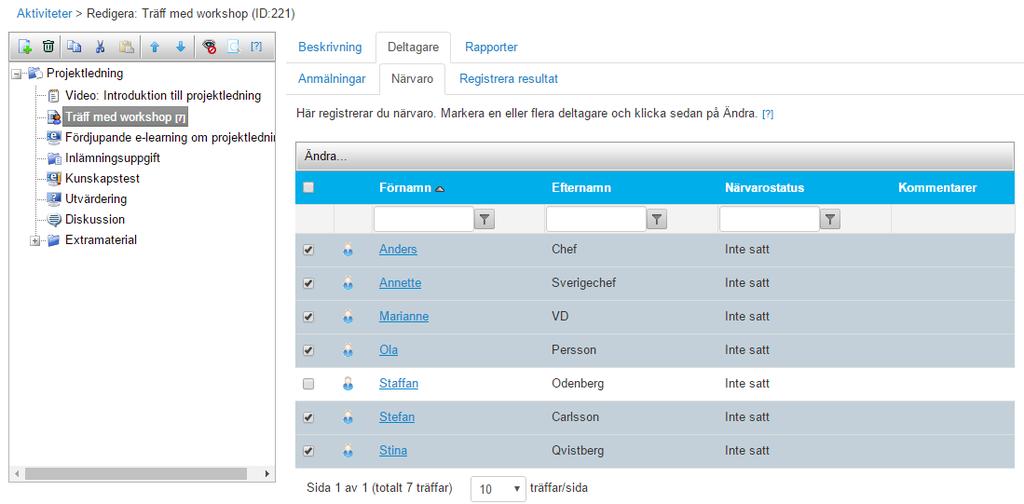5. Markera de deltagare som var närvarande 6. Klicka på Ändra (alternativt högerklicka och välj Ändra). 7. Välja alternativet Närvarande och klicka OK 8.