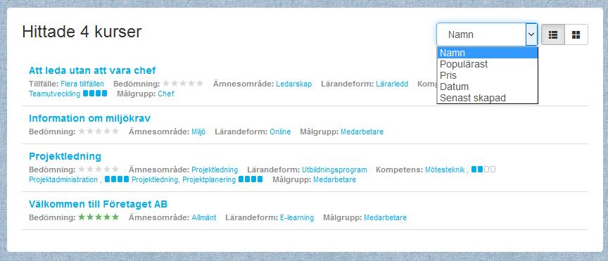 Namn: Bokstavsordning Populärast: högst betyg först (se avsnittet DELTAGARE BETYGSÄTTER AKTIVITET) Pris: Billigast först Datum: närmast i tiden först Senast skapad: