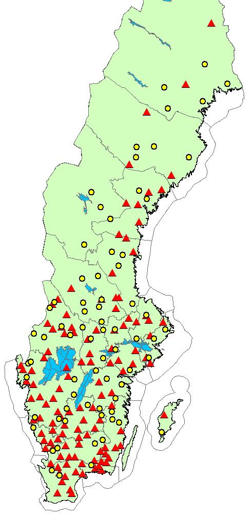 Inledning Skogsstyrelsen lade under perioden 1995-1997 ut 223 s.k. obsytor. Obsytorna är fördelade över hela Sverige (figur 1 och 2) med en ökande täthet från norr till söder.