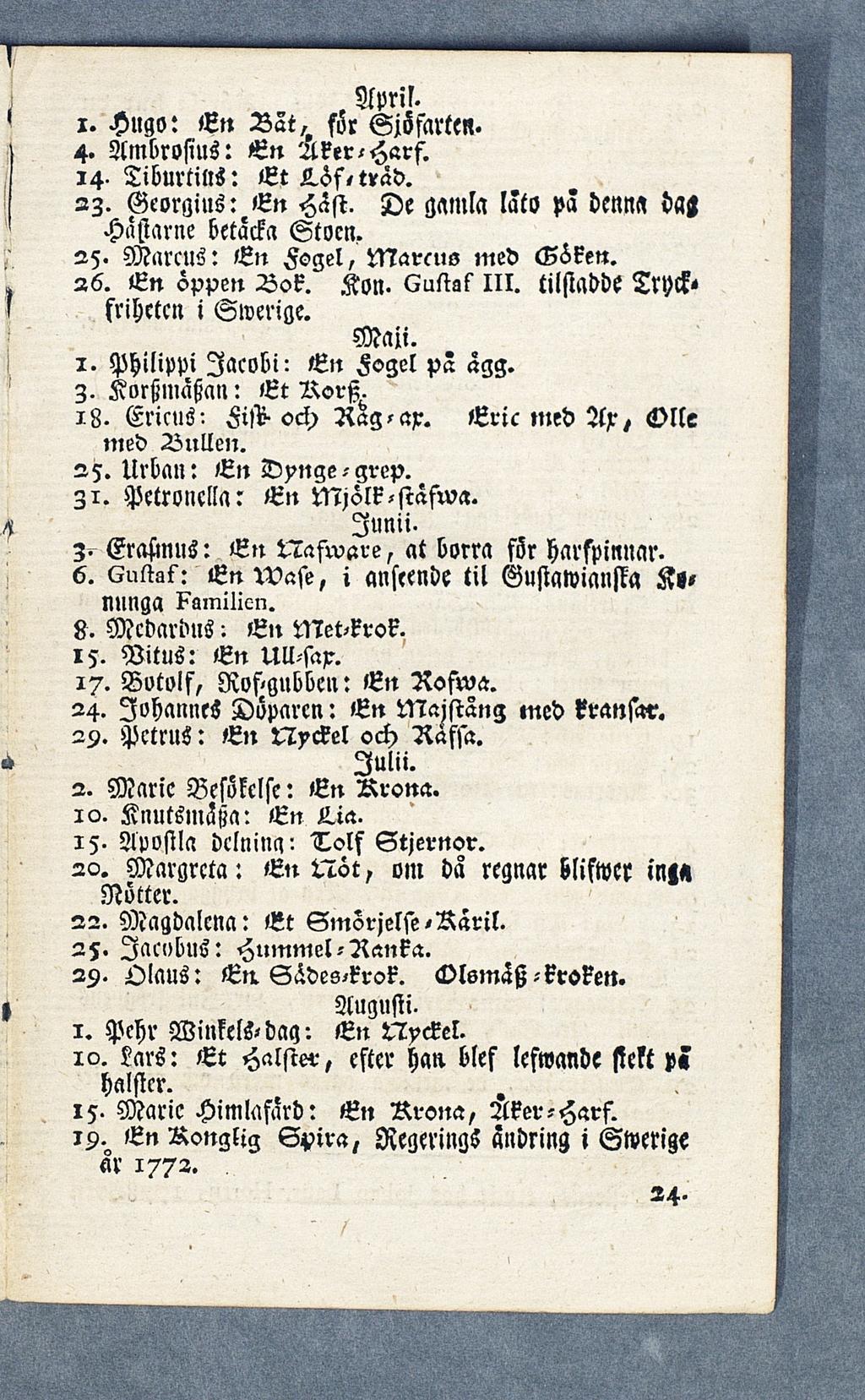 , April. i. Hugo: En Vat, för Sjöfarten. 4. Ambrosius: En Aker-Harf. 14. Tiburtius: Et L.öf,trad. 2Z. Georgius: En Häst. De gamla läts pa denna dag Hastarne betacka Stoen. 25.
