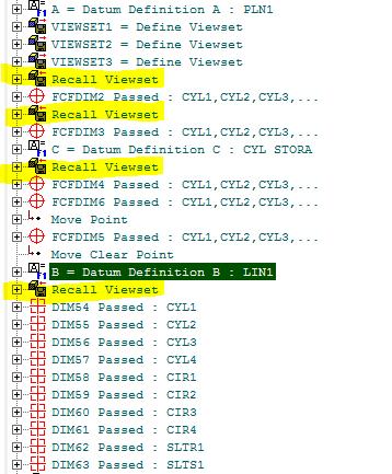 Ett exempel på vyer i CAD-rapport I programmet intill finns fyra kommandon som återkallar vyer. Kommandona är markerade i gult.
