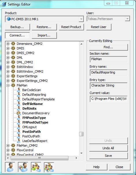 Inställning i Settings Editor Växeln DefaultReporting under avsnittet Fileman pekar ut Mappen för egna