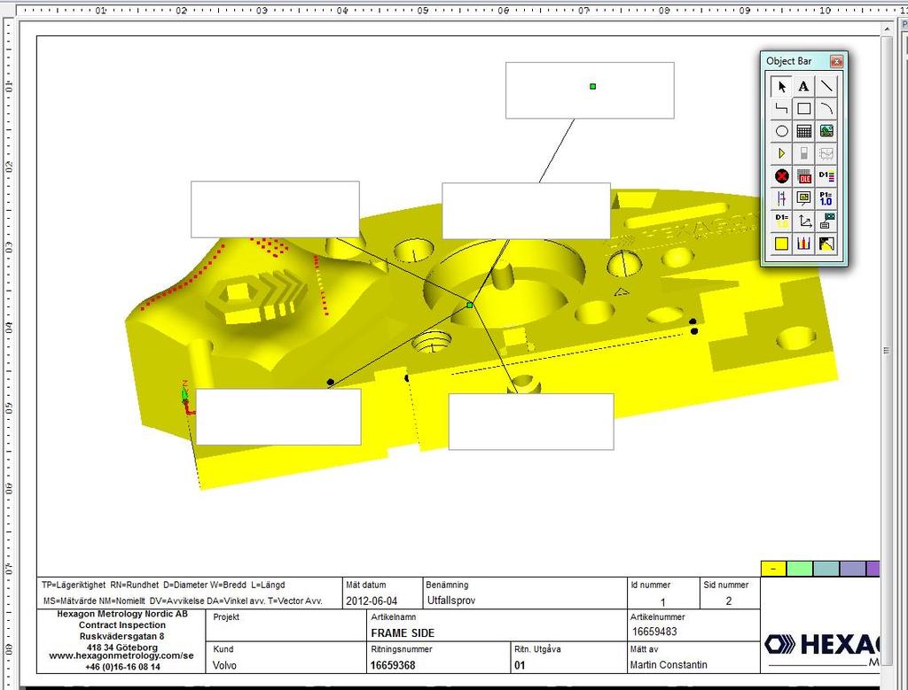 Anpassning CAD-vyer och objekt följer med över i rapporten, men dimensionsflaggorna är tomma och innehåller ingen data.