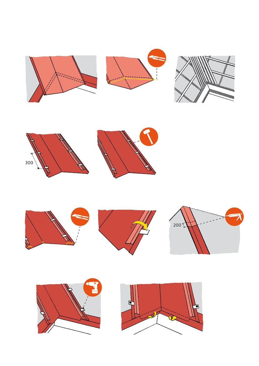 RÄNNDALSPLÅT VID MONTAGE PÅ LÄKT Placera ränndalsplåten i takdalen och märk ut det som ska klippas bort. Se till att behålla 25 mm i klippmån för att kunna vika kanten runt takfotsplåten.