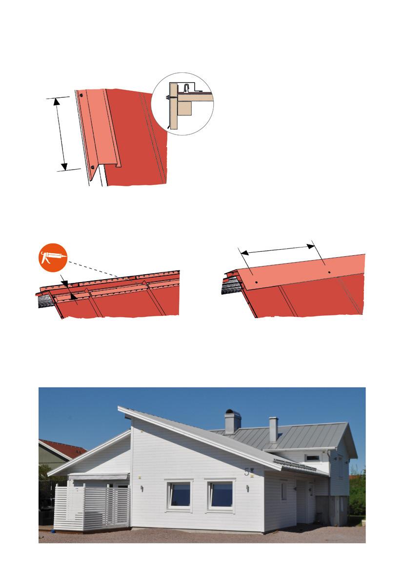 VINDSKIVEPLÅT 400 Fäst vindskiveplåten med Coronaskruv 4,8x35 mm direkt i vindskivan. Börja vid taknocken. Skarvning utförs med 100 mm överlapp.