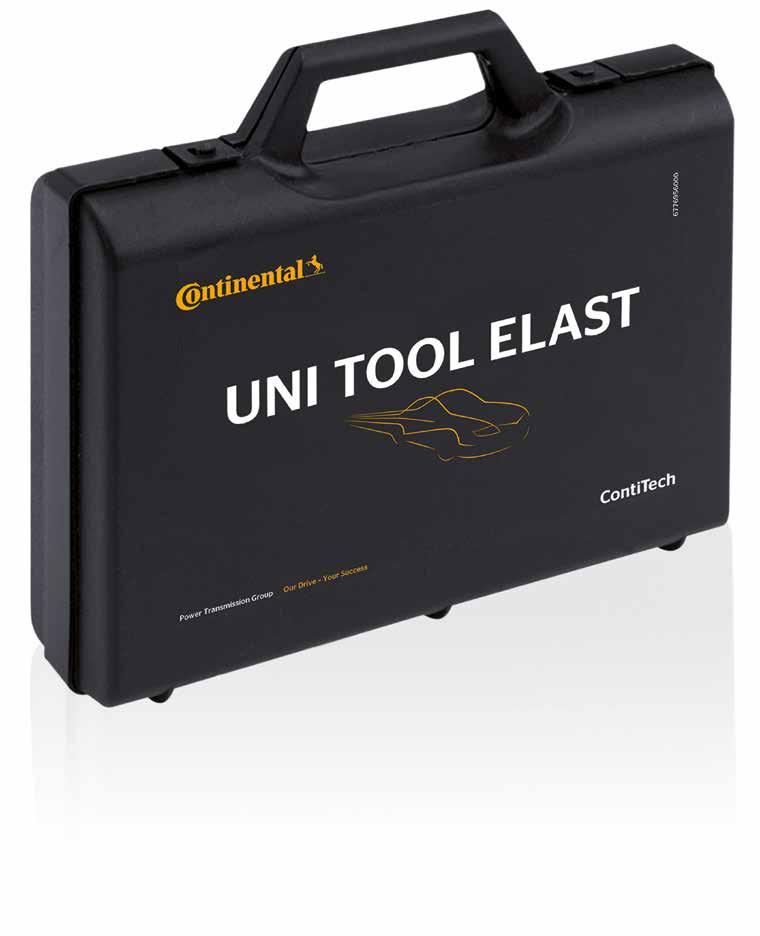 UNI TOOL ELAST innehåller ett specialverktyg, med vilket du kan förspänna remmen och montera den på remhjulet.