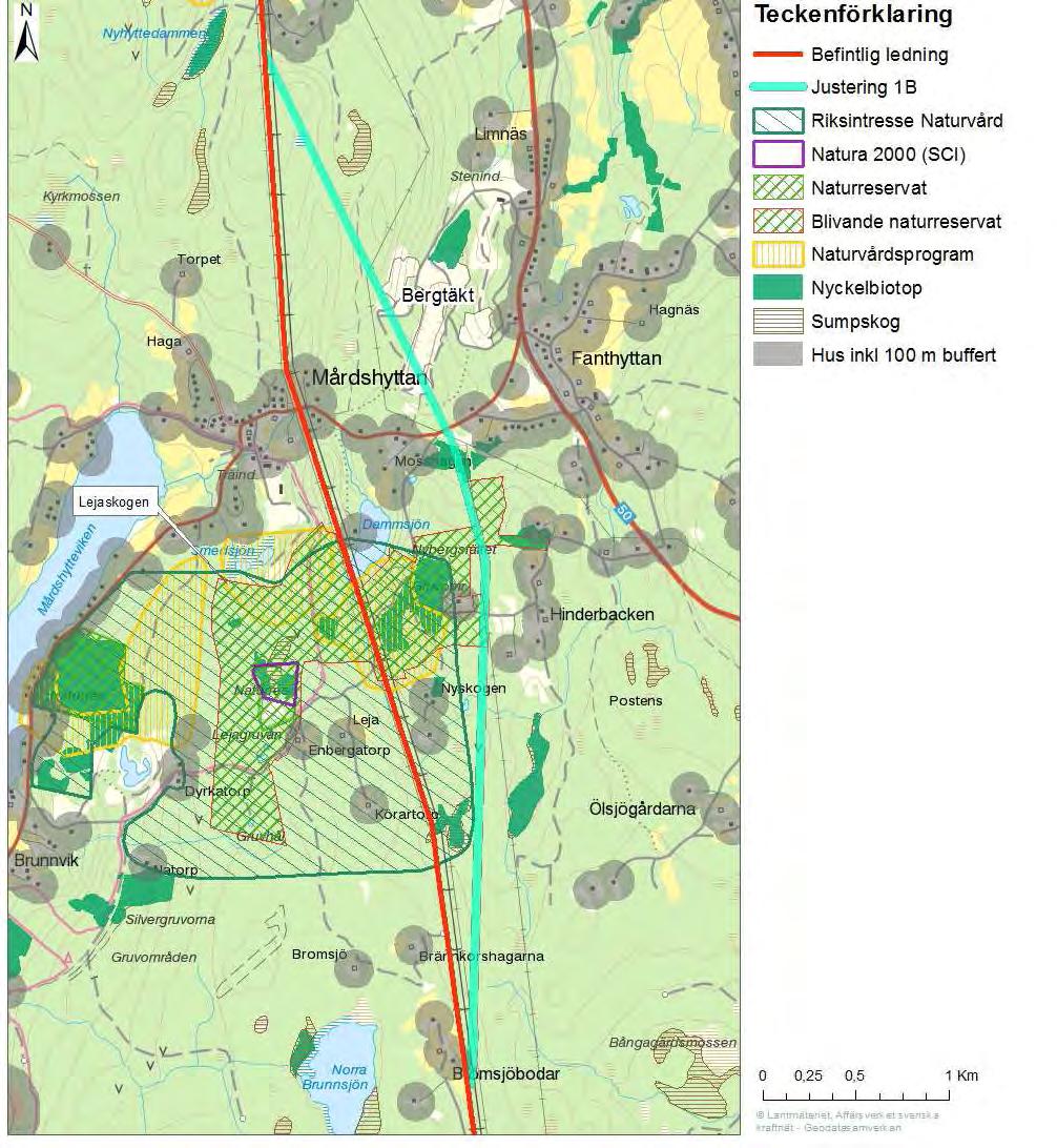 BÄSNA - ODENSVI 9 Ludvika Guldsmedshyttan (ingen justering) Söder om Ludvika passerar ledningen genom det vidsträckta området Malingsbo Kloten som både är riksintresse för friluftslivet (både enligt