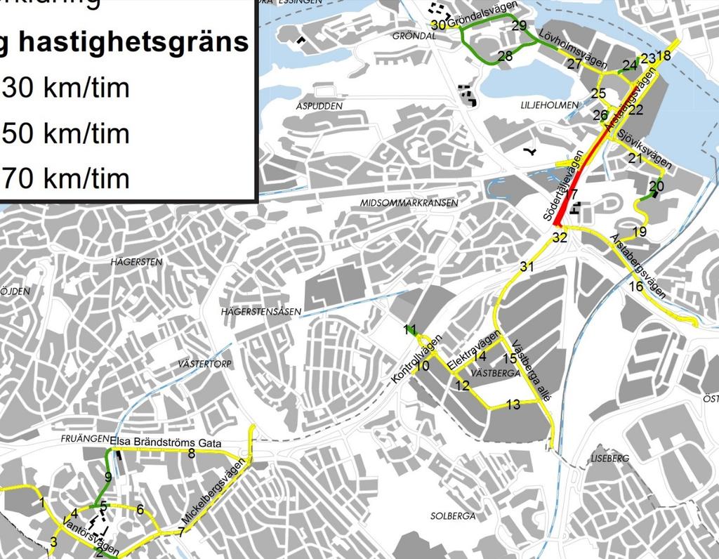 Figur 5 Gator och vägar i Liljeholmen som föreslås få förändrade hastigheter.