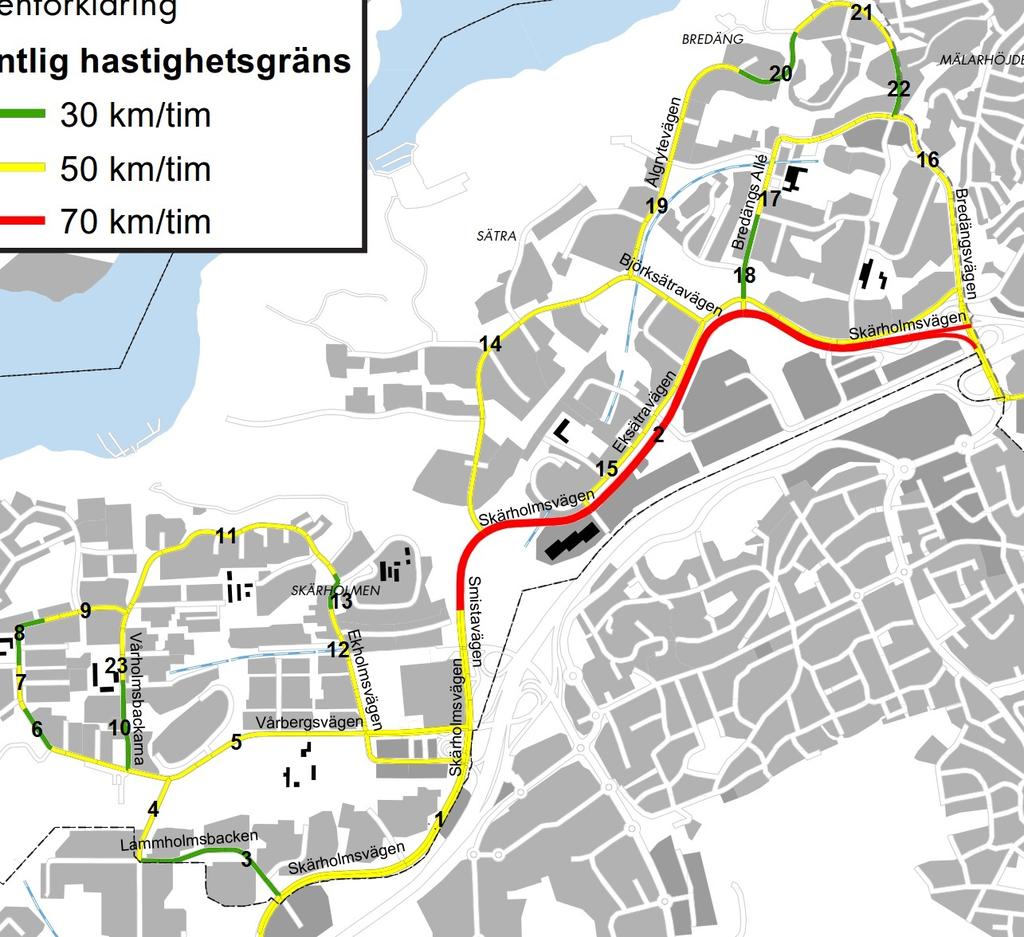 Figur 6 Gator och vägar i Skärholmen som föreslås få förändrade hastigheter.
