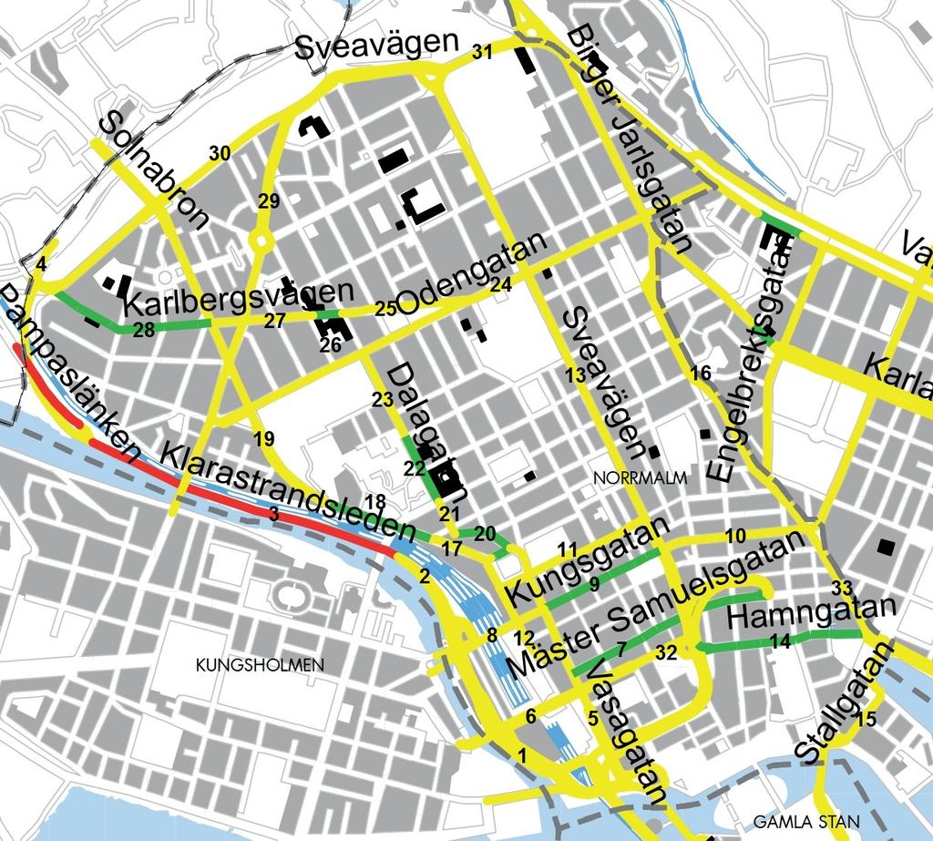 Figur 7 Gator och väglänkar som modellerats i utredningen om hastighetsplanens inverkan på luftkvalitet.