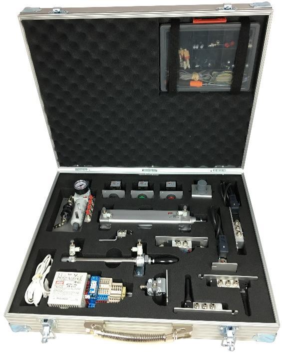 Training Kit A Lite innehåller de vanligast förekommande komponenterna inom pneumatik ex: Manuella ventiler 3/2, 5/2 och 5/3 funktion Luftstyrd 5/2 funktion Mekanisk styrd 3/2 funktion Elektriskt