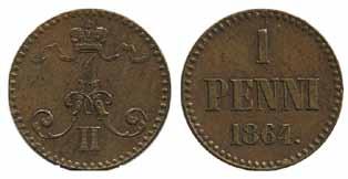 500:- 250% 435 KM 1.1 Alexander II 1 penni 1864. Rare key date.